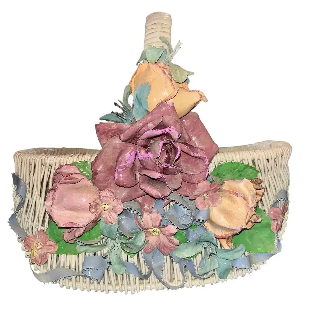 Vtg White 80s Wicker Basket W Papier Mache Molded Floral Handle Cottage Grandma